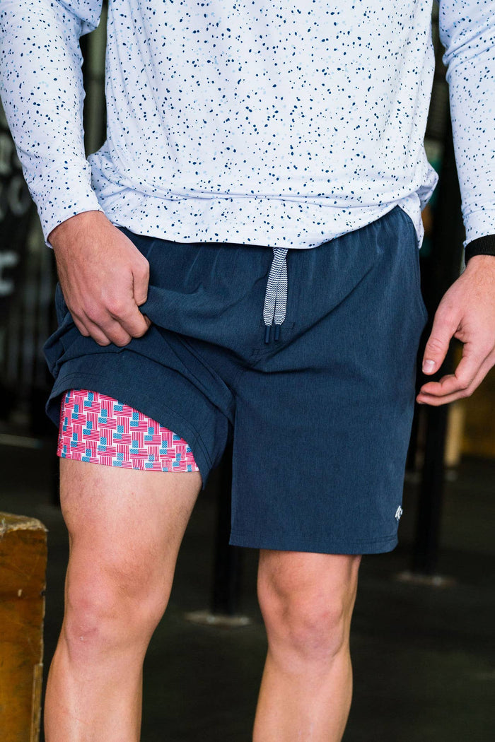 Heather navy athletic short with American Flag liner — men's patriotic performance shorts | All Put Together