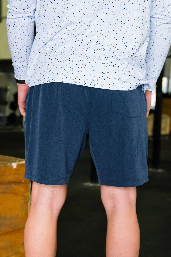 Heather navy athletic short with American Flag liner — men's patriotic performance shorts | All Put Together