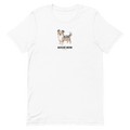 The Sassy Woof Aussie Mom Tee is a white unisex shirt made from eco-friendly cotton with an Australian Shepherd dog drawing and bold "AUSSIE MOM" text on the chest.