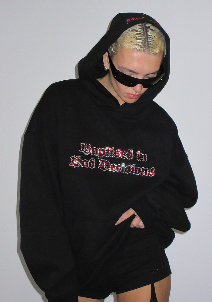 BAD DECISIONS RHINESTONE PULLOVER HOODIE BLACK