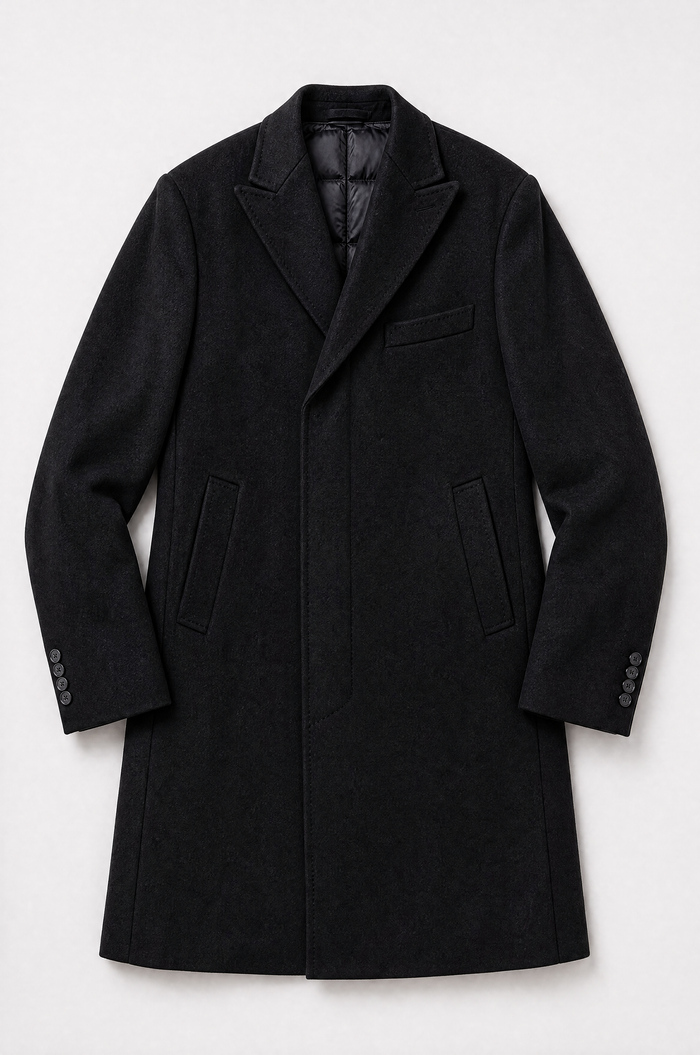 Black Down Filled Wool Overcoat