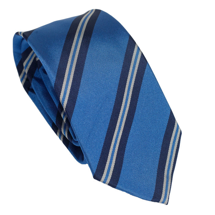 Bright Blue 100% Italian Silk Tie With Light Blue and Ivory Stripes
