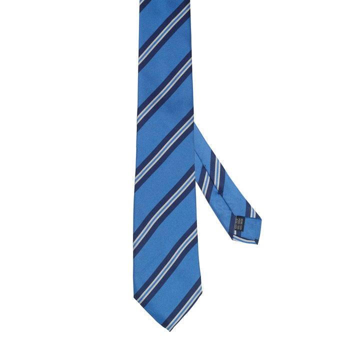 Bright Blue 100% Italian Silk Tie With Light Blue and Ivory Stripes