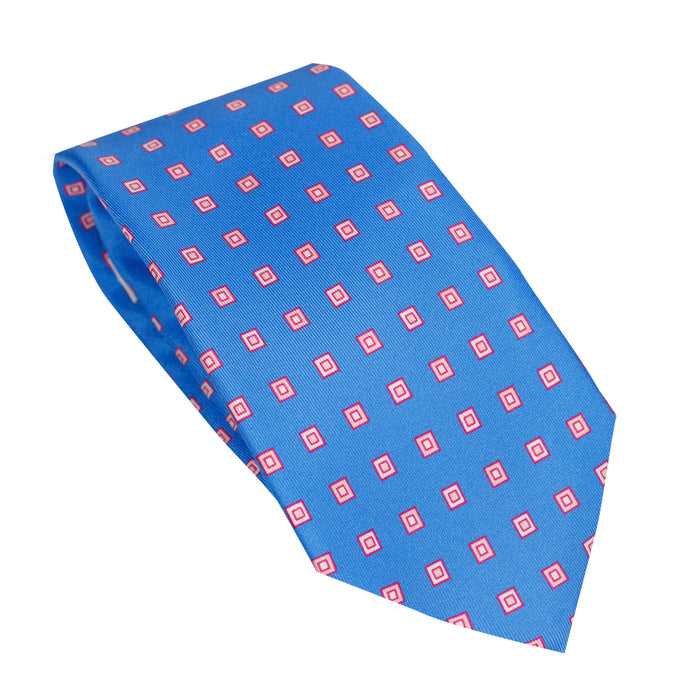 Bright Blue 100% Italian Silk Tie With Pink Square Pattern