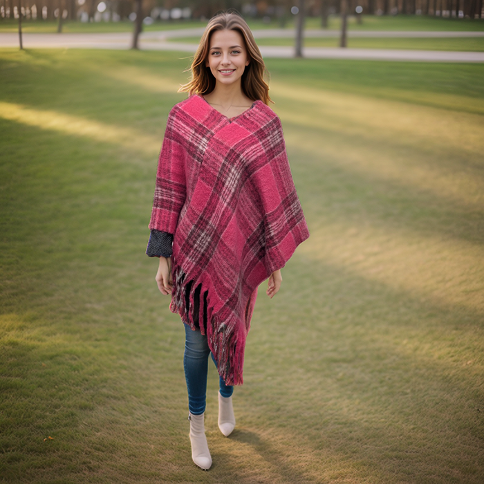 Bright Pink Check Plaid Poncho - Thick Cosy Feel