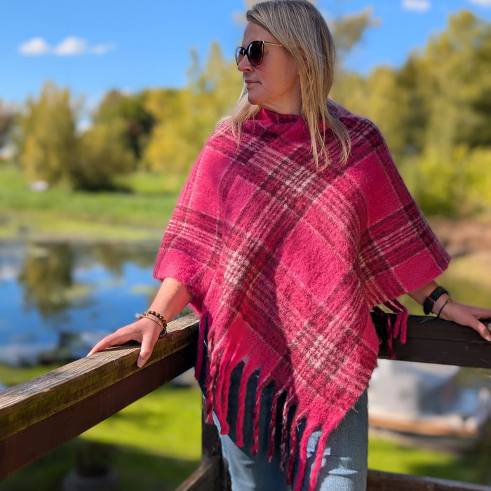 Bright Pink Check Plaid Poncho - Thick Cosy Feel