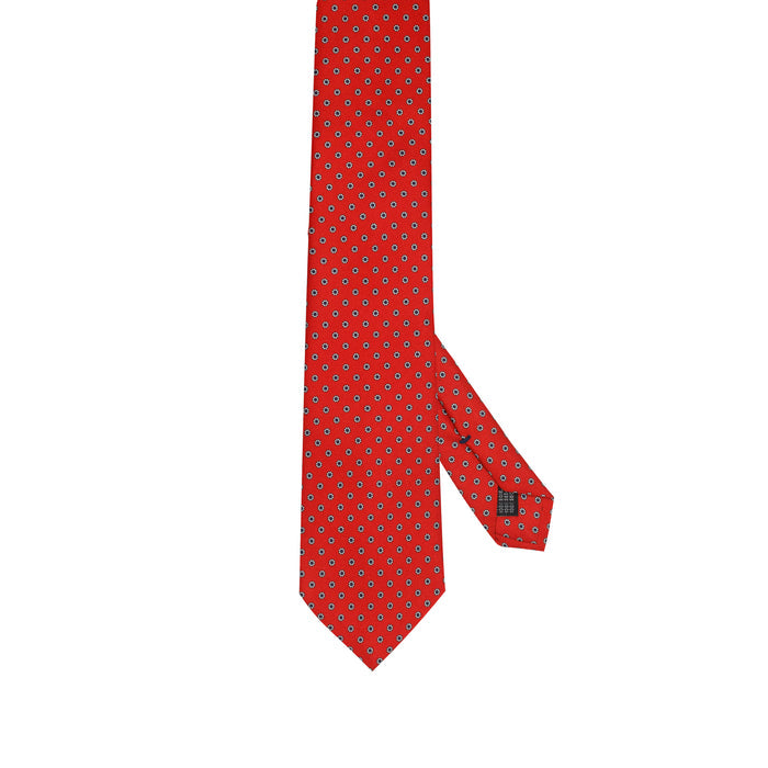 Bright Red 100% Italian Silk Tie with Blue Dotted Micro Floral Pattern