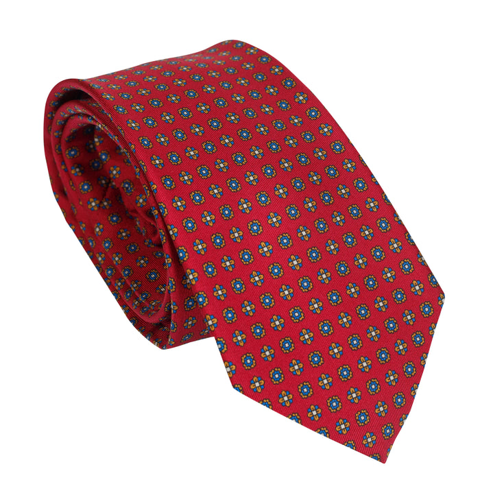 Bright Red 100% Italian Silk Tie with Micro Blue Floral Pattern