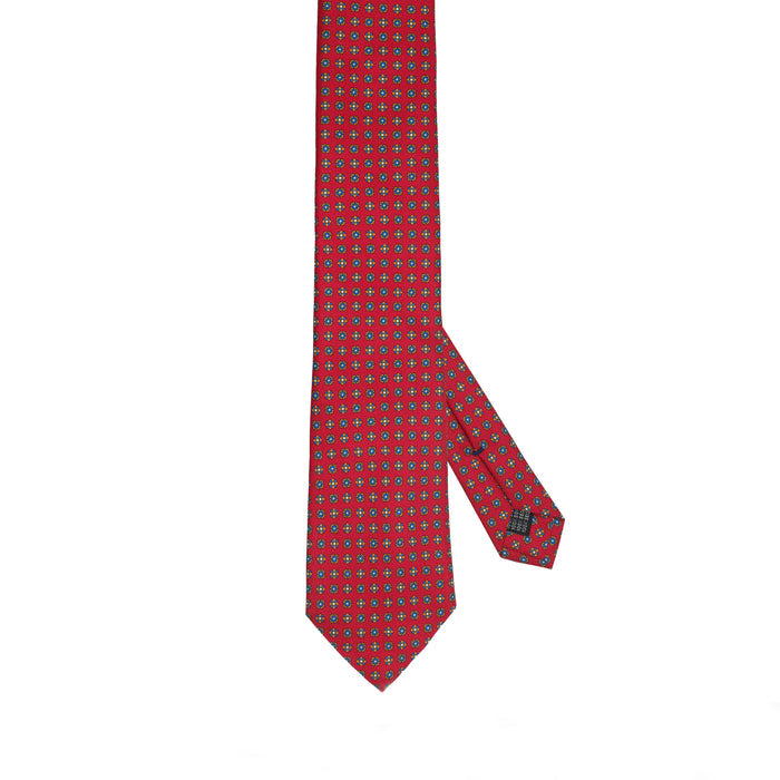 Bright Red 100% Italian Silk Tie with Micro Blue Floral Pattern