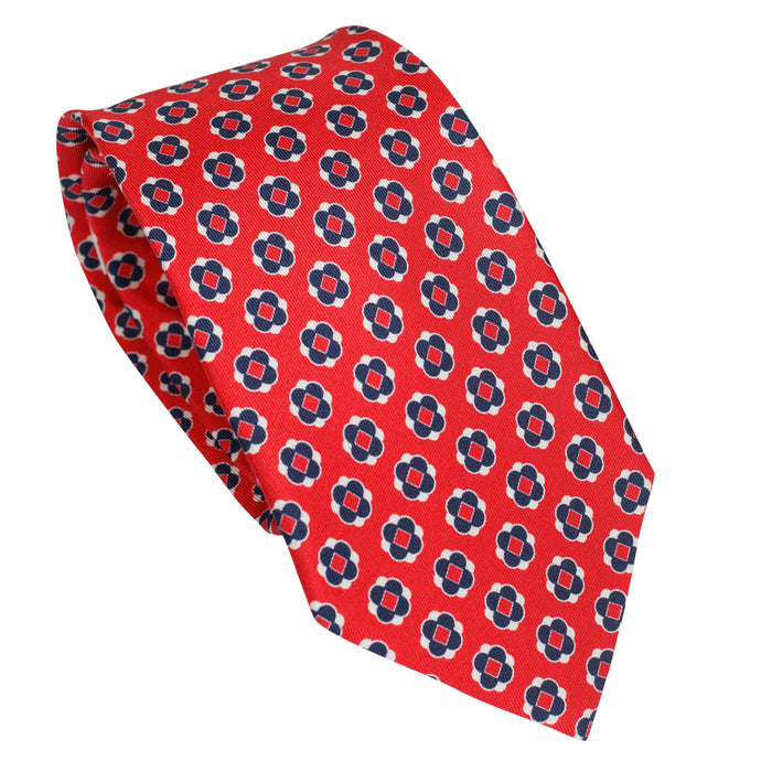 Bright Red 100% Italian Silk Tie with Navy & Ivory Geometric Pattern