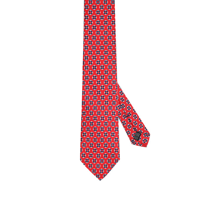 Bright Red 100% Italian Silk Tie with Navy & Ivory Geometric Pattern