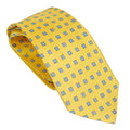 Bright Yellow Pure 100% Italian Silk Tie with an Elegant Blue and White Micro Geometric Pattern
