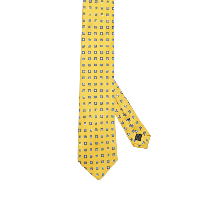 Bright Yellow Pure 100% Italian Silk Tie with an Elegant Blue and White Micro Geometric Pattern
