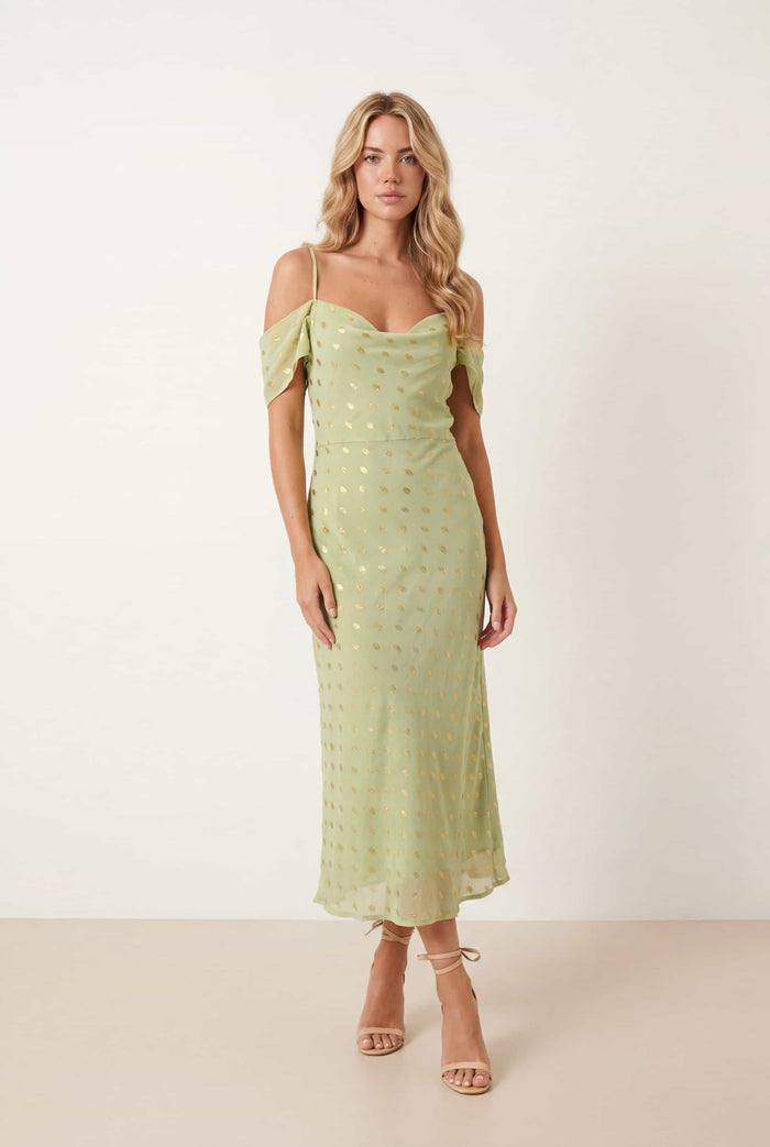 Brylee Cowl Neck Cold Shoulder Midaxi Dress in Sage & Gold
