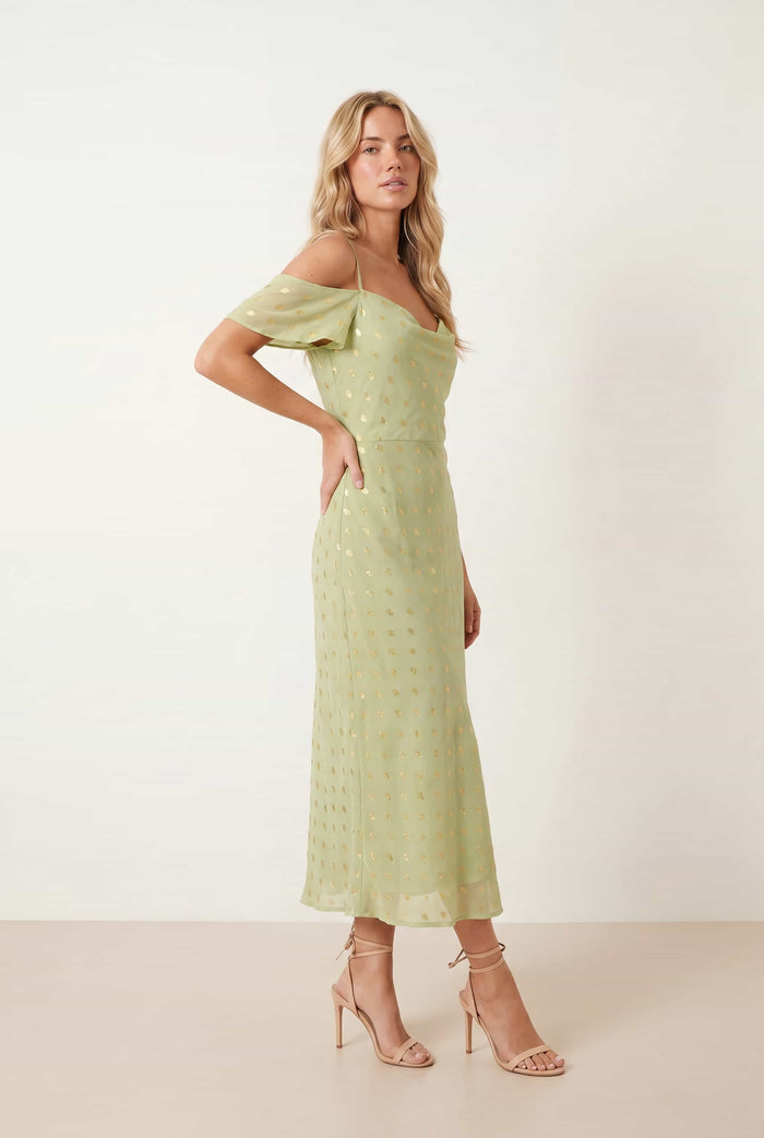 Brylee Cowl Neck Cold Shoulder Midaxi Dress in Sage & Gold
