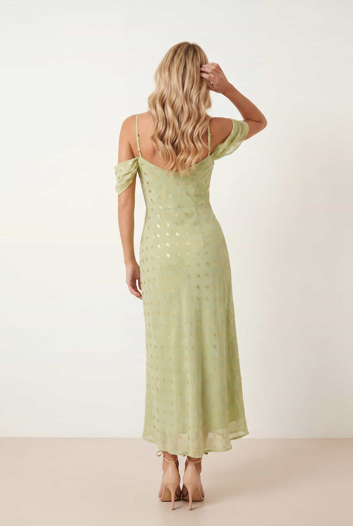 Brylee Cowl Neck Cold Shoulder Midaxi Dress in Sage & Gold