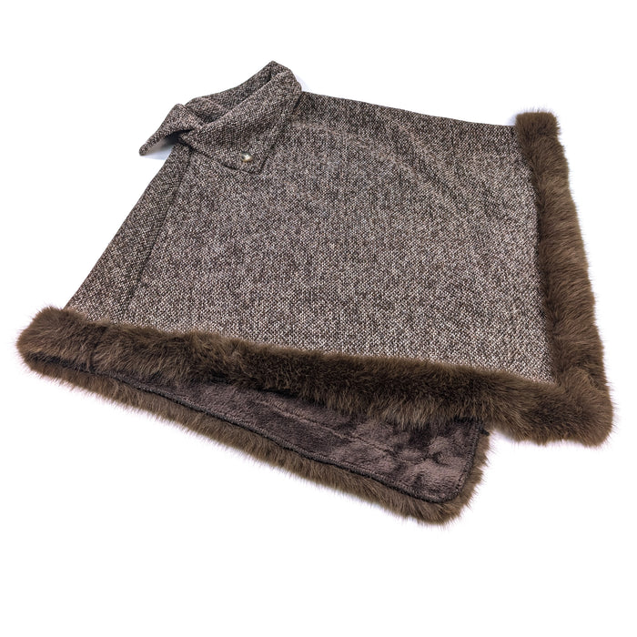 Button Collar Faux Fur Trimmed Poncho - Brown
