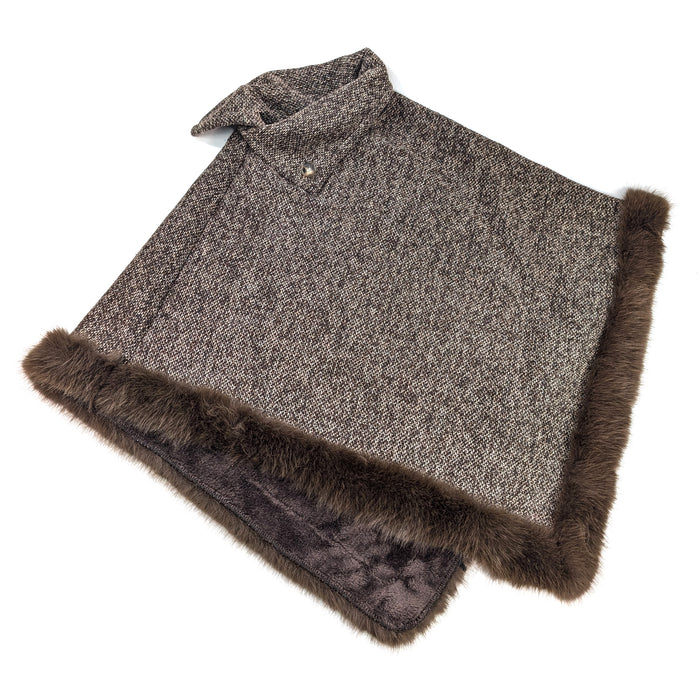 Button Collar Faux Fur Trimmed Poncho - Brown