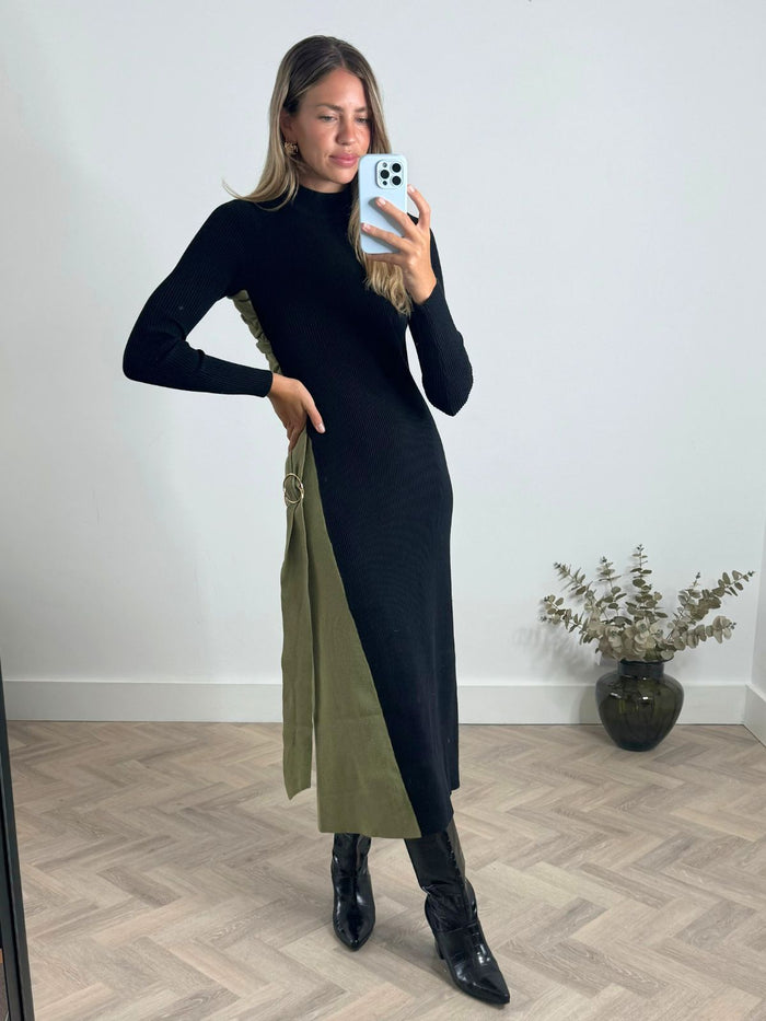 Caitlin Colourblock FIt & Flare Knitted Dress in Khaki and Black - Style Cheat