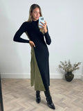 Caitlin Colourblock FIt & Flare Knitted Dress in Khaki and Black - Style Cheat