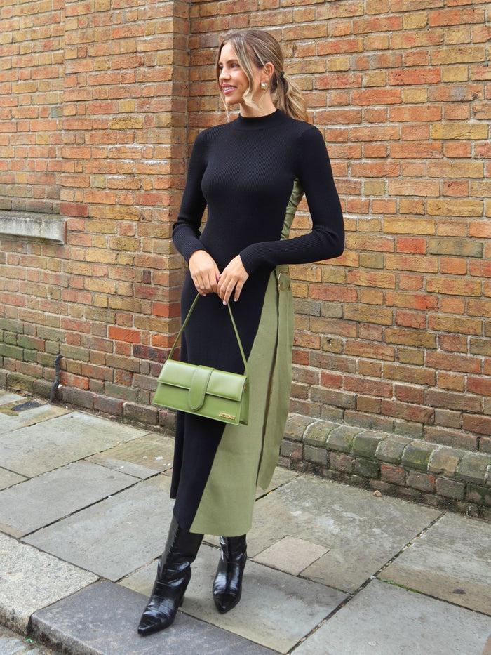 Caitlin Colourblock FIt & Flare Knitted Dress in Khaki and Black - Style Cheat