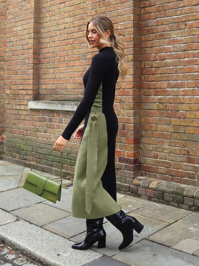 Caitlin Colourblock FIt & Flare Knitted Dress in Khaki and Black - Style Cheat