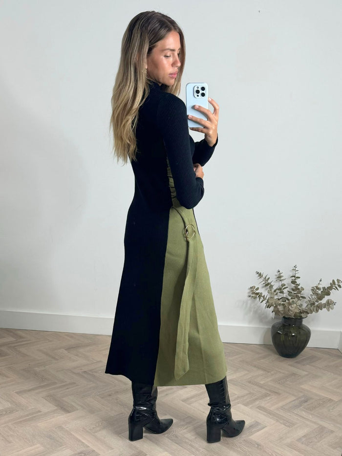 Caitlin Colourblock FIt & Flare Knitted Dress in Khaki and Black - Style Cheat