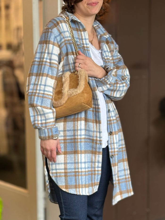 Cammie Plaid Shacket in blue and camel