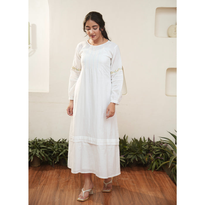 White Cotton and Chanderi Dress - OurDve