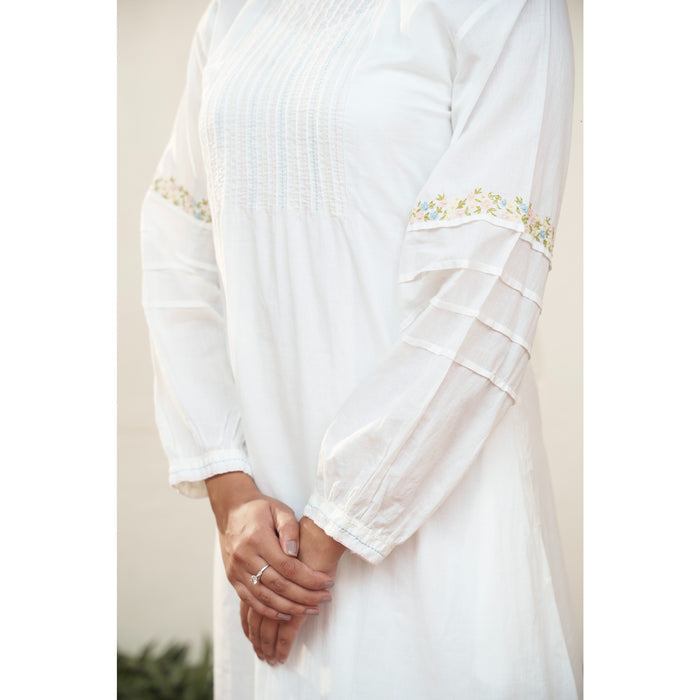 White Cotton and Chanderi Dress - OurDve