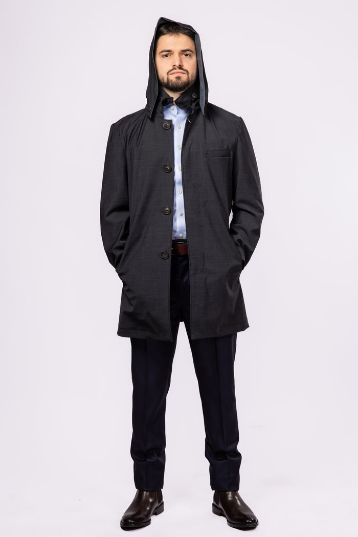 Charcoal Waterproof Wool Raincoat - Atica Man