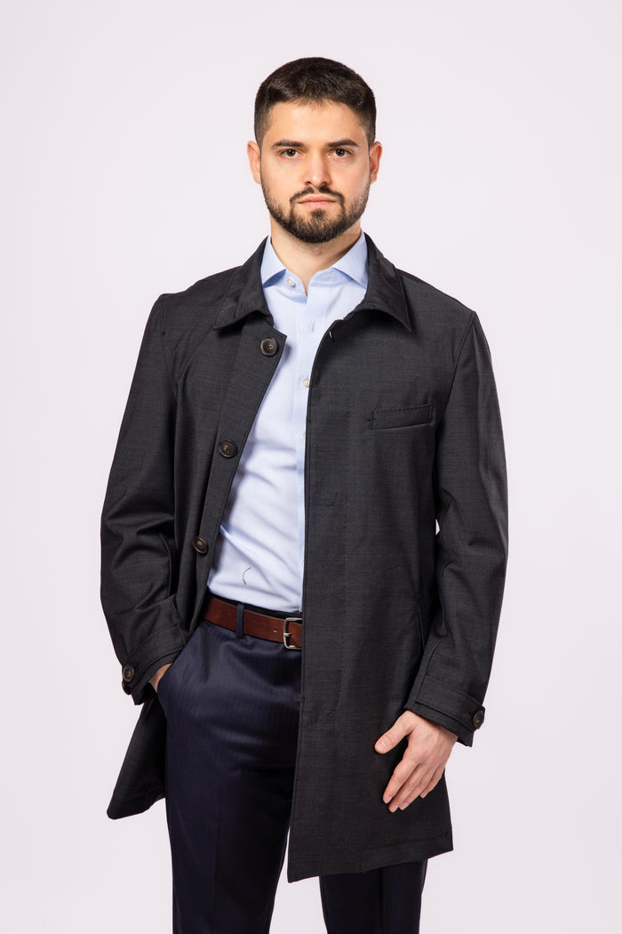 Charcoal Waterproof Wool Raincoat - Atica Man