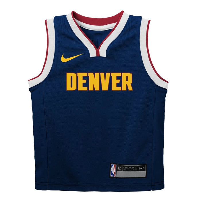 Front view of a navy blue Denver Nuggets basketball jersey with "DENVER" printed in yellow block letters across the chest, featuring a yellow Nike swoosh on the right shoulder and a white and red trim around the neckline and armholes.
