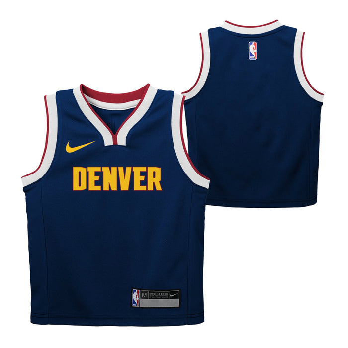Front and back view of Front view of a navy blue Denver Nuggets basketball jersey with "DENVER" printed in yellow block letters across the chest, featuring a yellow Nike swoosh on the right shoulder and a white and red trim around the neckline and armholes.