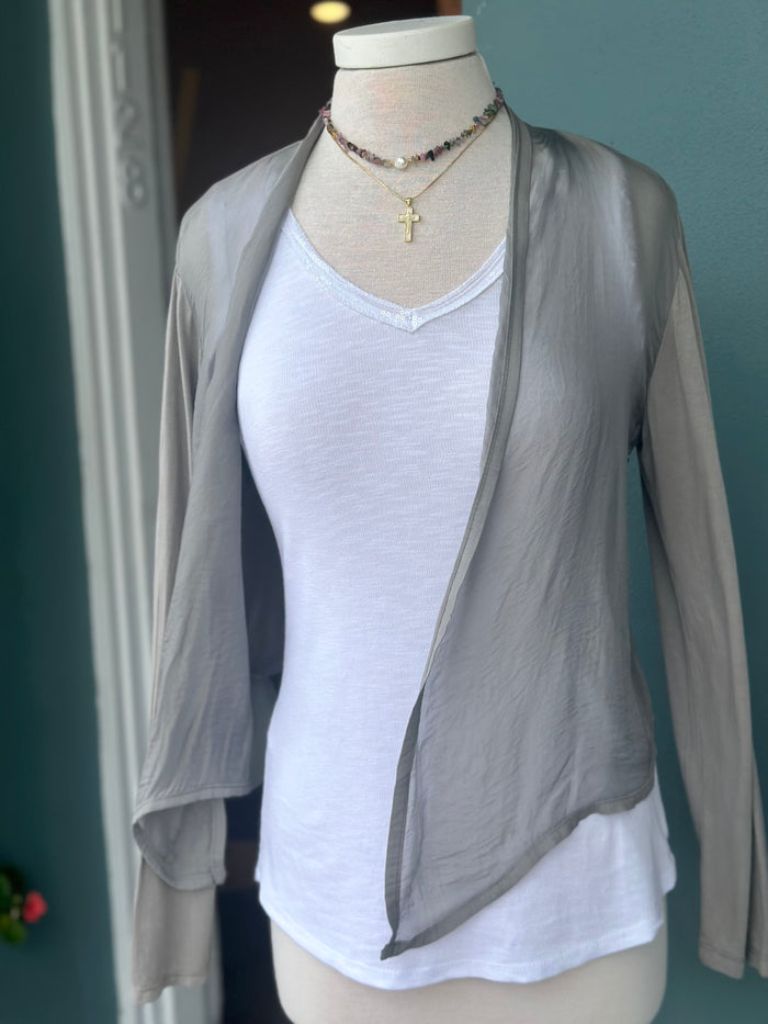 Taupe wrap shown styled and open at Ardor Boutique