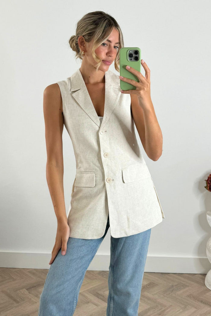 Claire Sleeveless Blazer / Neutral Linen - Style Cheat