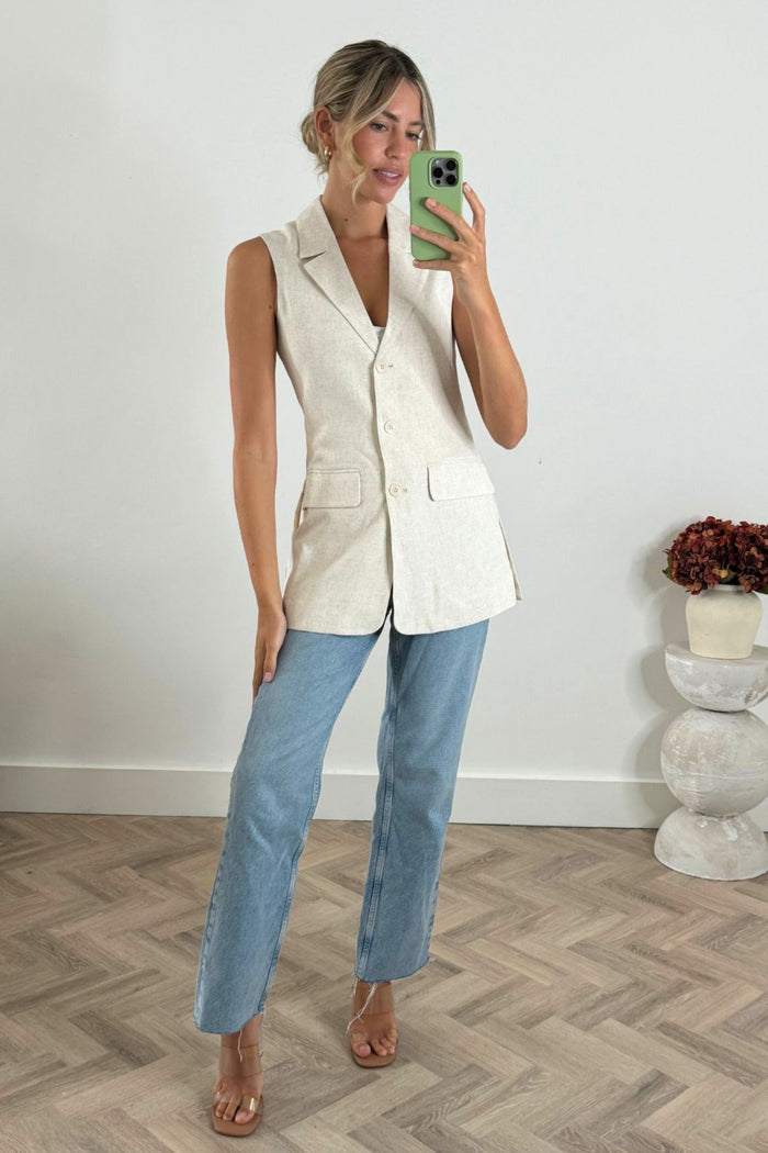 Claire Sleeveless Blazer / Neutral Linen - Style Cheat