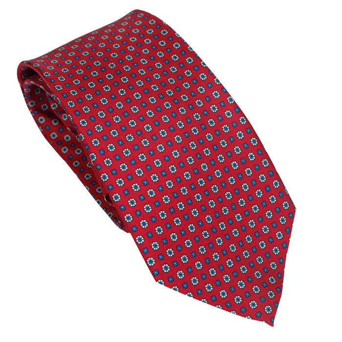 Classic Red 100% Italian Silk Tie With Blue Micro Geometric Pattern