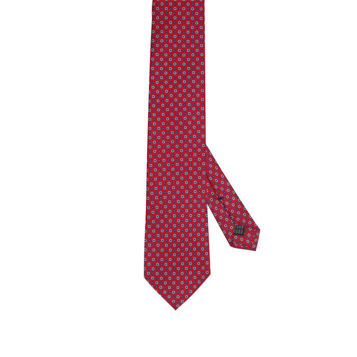 Classic Red 100% Italian Silk Tie With Blue Micro Geometric Pattern