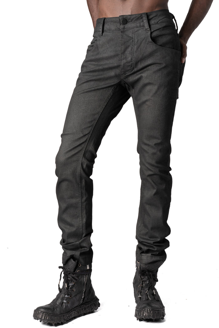 Coated stretch denim trousers