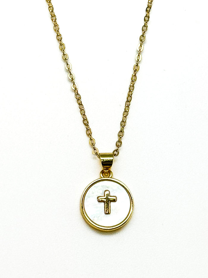 Gold filled mother of pearl cross pendant necklace by Ardor Boutique