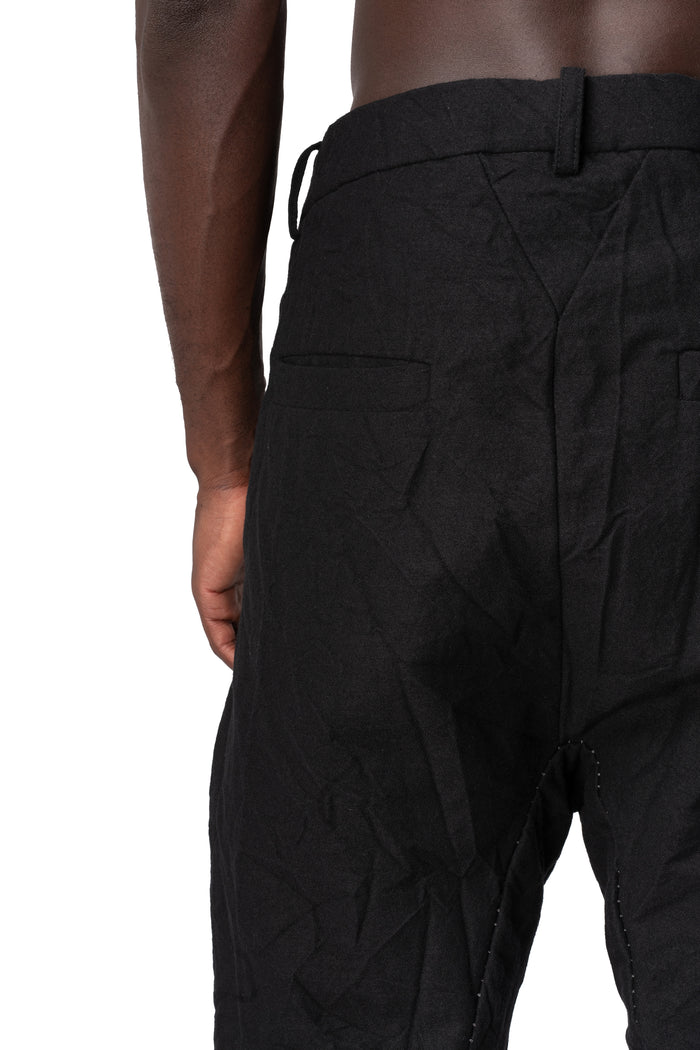 Crushed wool and linen baggy stitched trousers, Black