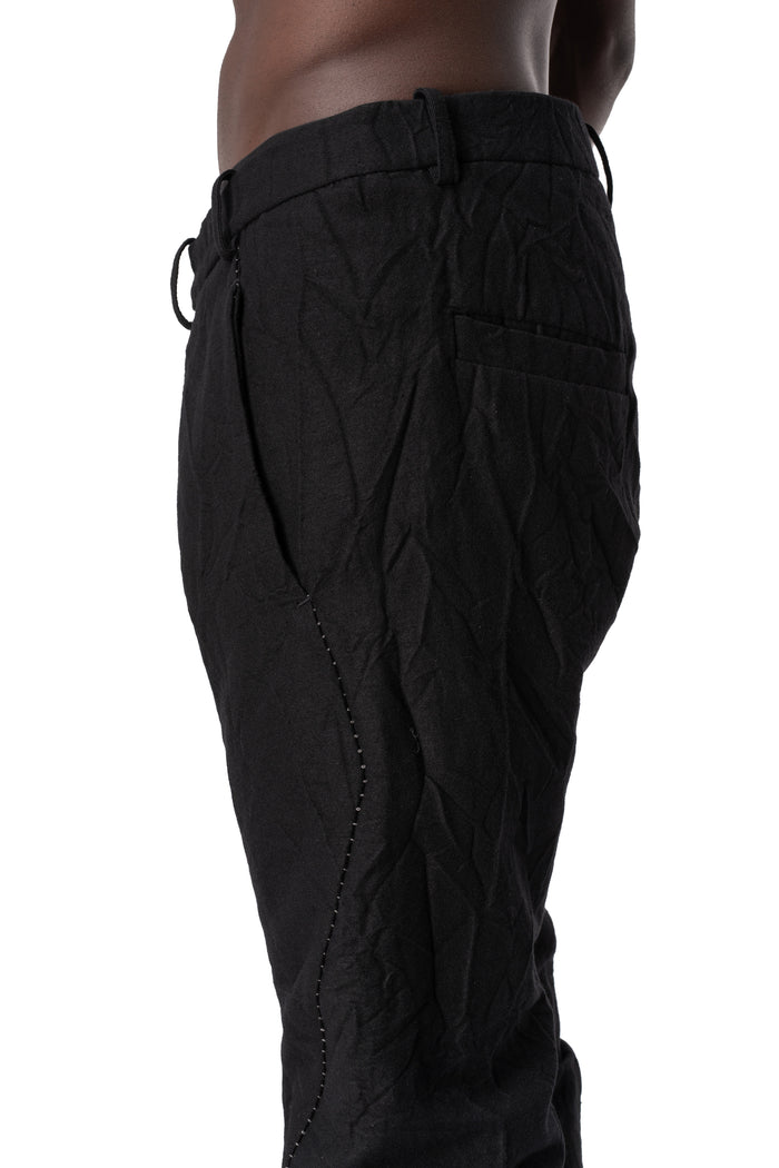Crushed wool and linen baggy stitched trousers, Black