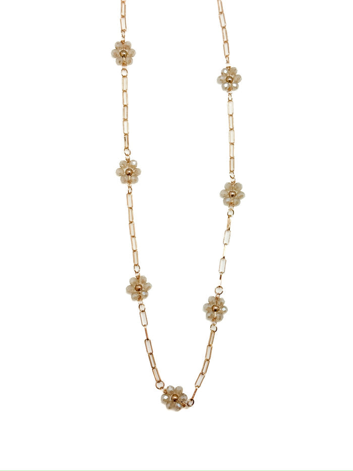 Daisy Floral Necklace in beige with gold-tone chain and beaded clusters from Ardor Boutique