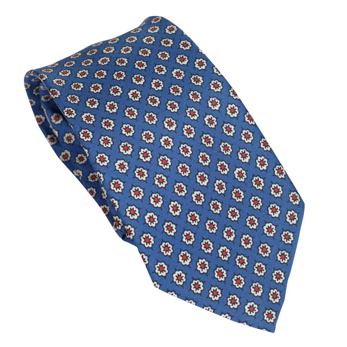 Denim Blue 100% Italian Silk Tie With Contrasting White Micro Floral Pattern
