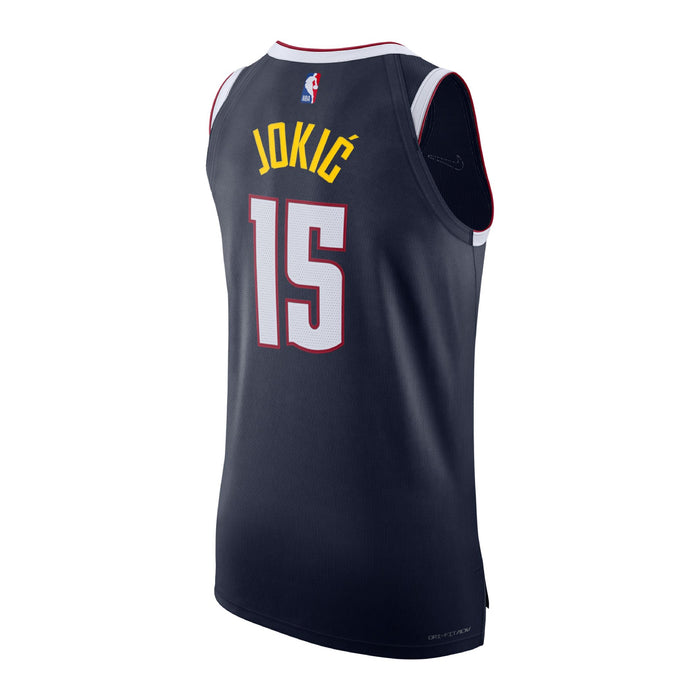 Back view Navy basketball jersey with 'JOKIC' in yellow and number '15' in white with red outline on a white background