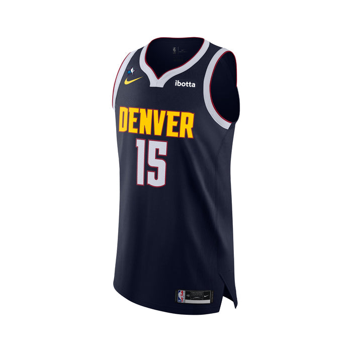 Front View, navy Blue basketball jersey with 'Denver' in gold and red trim and number '15' in white with red trim, gold Nike Swoosh logo and Ibotta Sponsorship patch in white text and navyblue patch on a white background