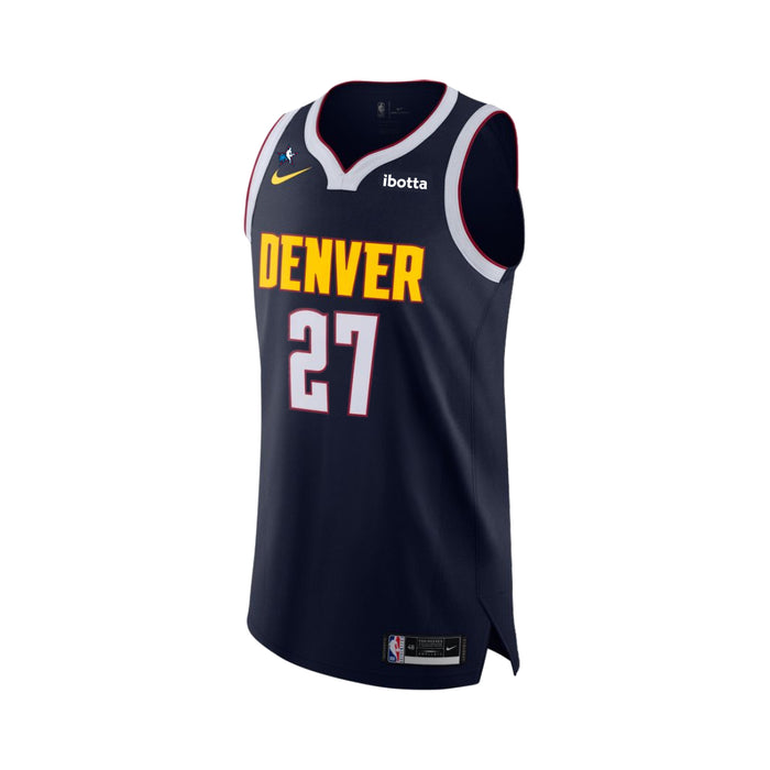 Front View, navy Blue basketball jersey with 'Denver' in gold and red trim and number '27' in white with red trim, gold Nike Swoosh logo and Ibotta Sponsorship patch in white text and navyblue patch on a white background
