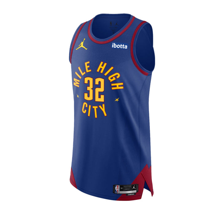Front View, Royal Blue basketball jersey with 'Mile High City' in white and number '32' in gold, gold jumpman logo and Ibotta Sponsorship patch in white text and royal blue patch on a white background