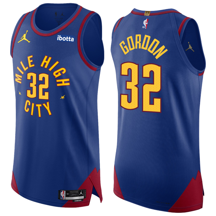 Front View, Royal Blue basketball jersey with 'Mile High City' in white and number '32' in gold, gold jumpman logo and Ibotta Sponsorship patch in white text and royal blue patch on a white background